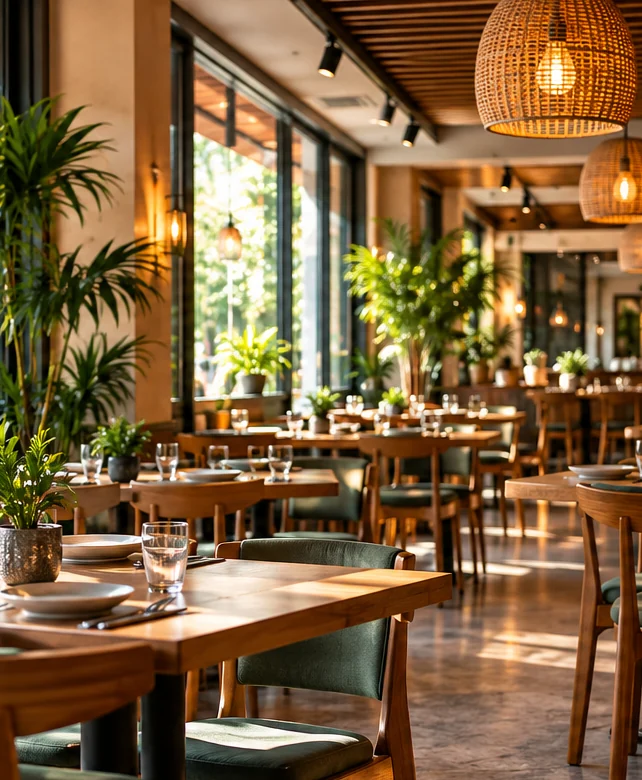 Restoran araştırmasını temsil eden masa ve oturma alanı görseli
