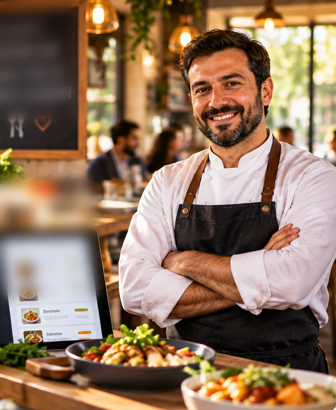 Restoran işletmecisi ve dijital sipariş ekranını gösteren temsili görsel